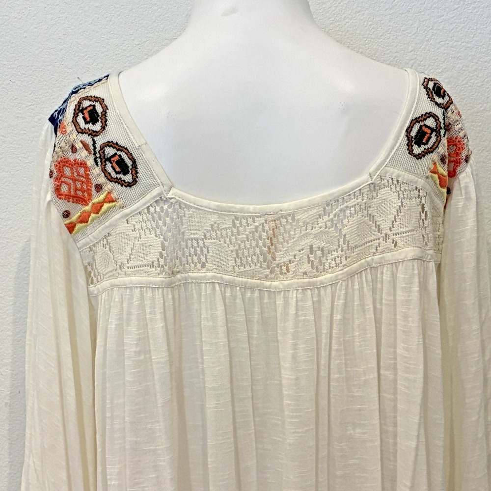 Free People Free Bird Embroidered Hi Lo Peasant Top Sz L Flowy Boho Renaissance‎ - Picture 6 of 13